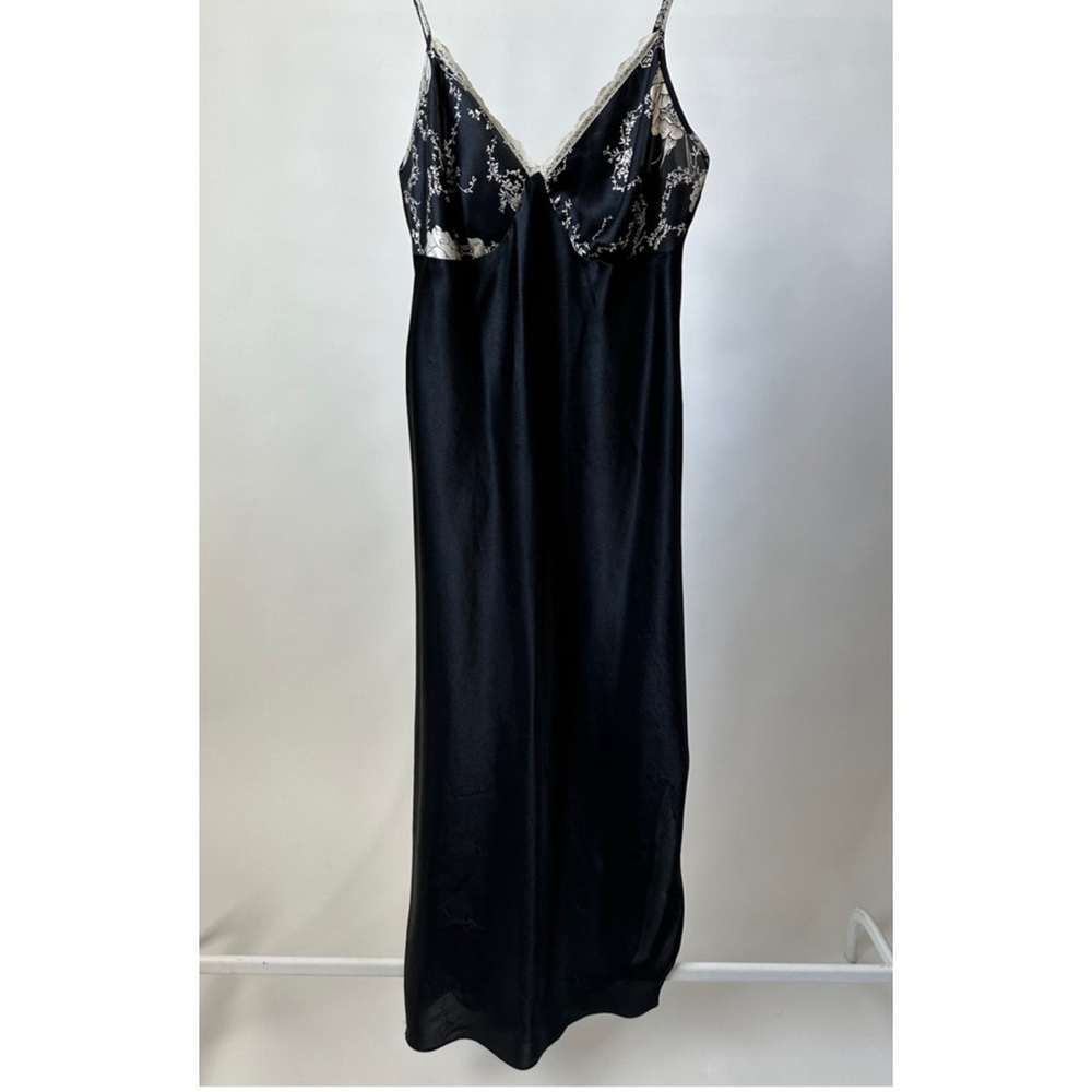 VINTAGE 90s Satin Slip Dress Black Floral With Lace Size- Small, also fits a M - Picture 12 of 13